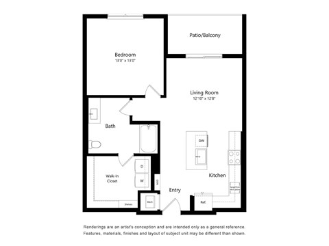 Floor plan for 1 bed, 1 bath, 807 sqft